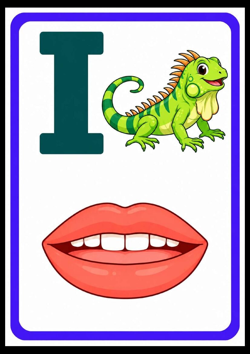 Alfabeto das boquinhas letra I com iguana verde e boquinha